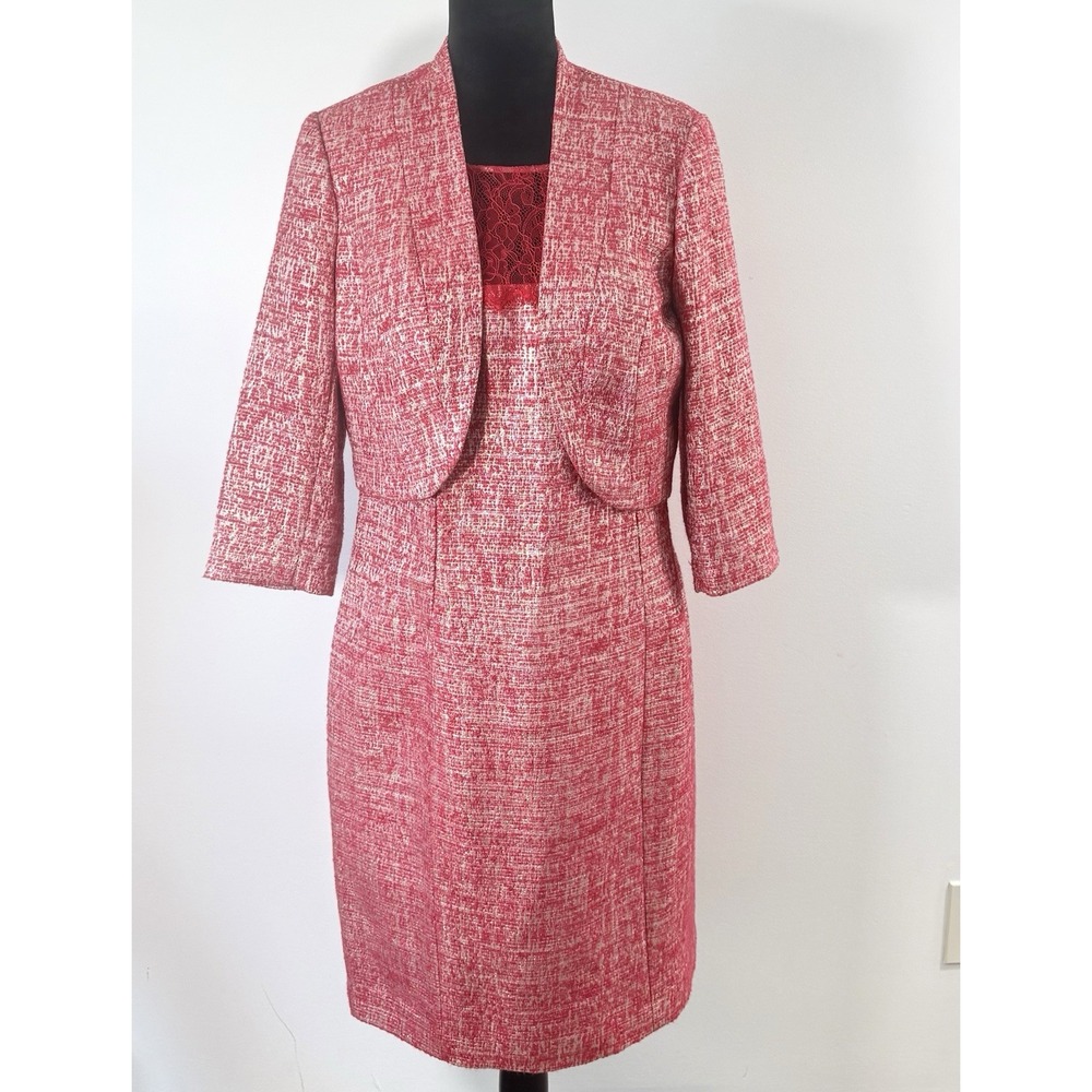 Kay Unger 2PC Dress Suit Women's 14 Pink Red Lace Trim Tweed Shimmer